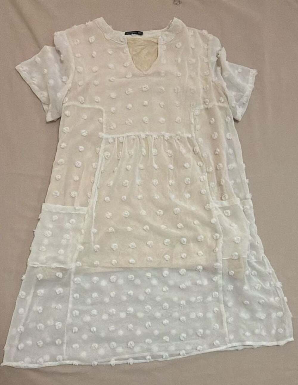 Miholl Ivory Swiss Dot Chiffon Short Sleeve Flowy Mini Dress Size M